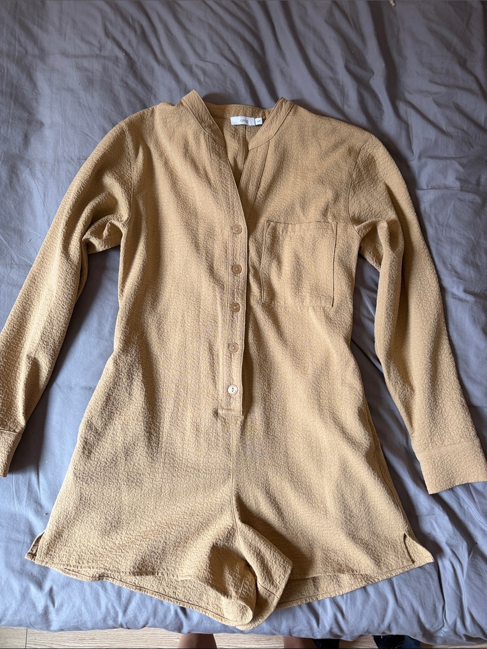 Onia Mustard Textured Button-Front Long-Sleeve Romper